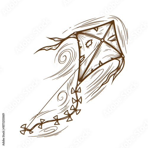 Drawing Vintage Brown kite with decorative tail and bow details flying high  a fun outdoor toy for recreational flying