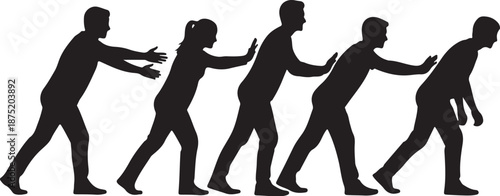 Silhouette of people pulling each other in a line