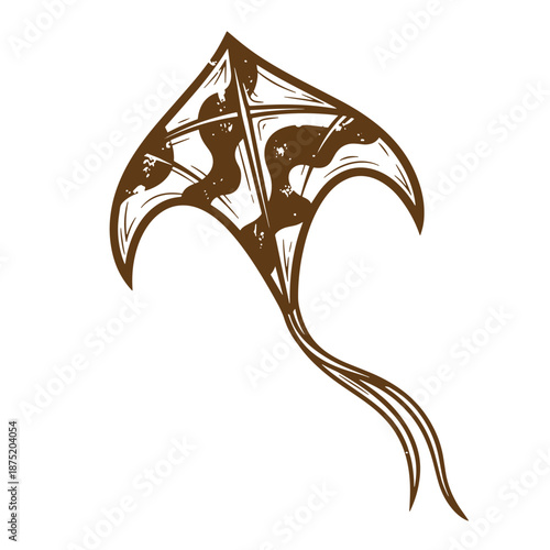 Drawing Vintage Brown kite with long tail flying high in the air  recreational outdoor toy for kids and adults
