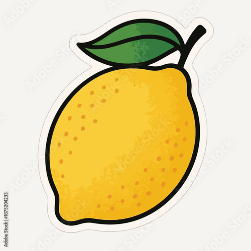 Yellow Lemon Sticker Illustration - Colorful Cartoon Citrus Fruit with Green Leaf - Fresh Produce Vector Graphic Isolated on White Background