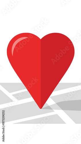Modern graphic illustration of a bright red heart shape placed on a subtle abstract mapping design