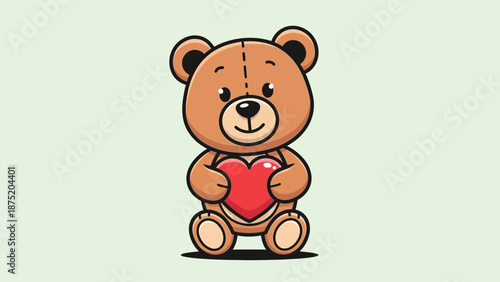 An adorable brown cartoon teddy bear mascot lovingly embracing a vibrant red heart symbol of