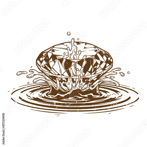 Drawing Vintage Brown liquid splash  water or juice droplets falling into a pool  creating ripples on the surface