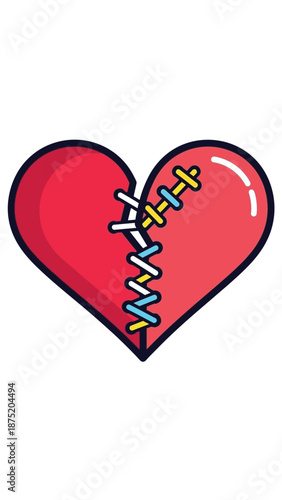Vibrant cartoon heart mended with colorful stitches symbolizing emotional repair and recovery