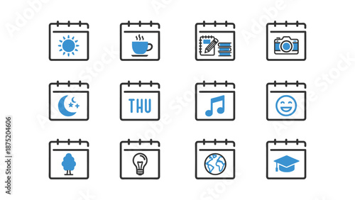 A collection of calendar icons representing various daily activities and events