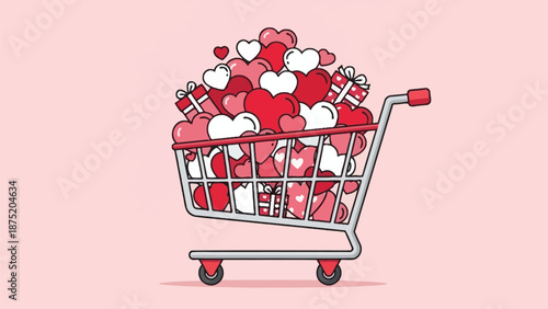 A shopping cart filled to the brim with assorted hearts and charming gift boxes, signifying