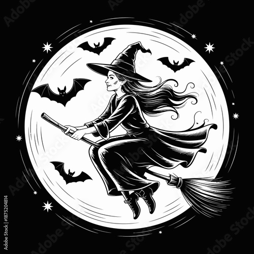 An ethereal witch dressed in black attire rides on a broomstick under a moonlit night filled with bats, embodying the magic and mystery of Halloween folklore.