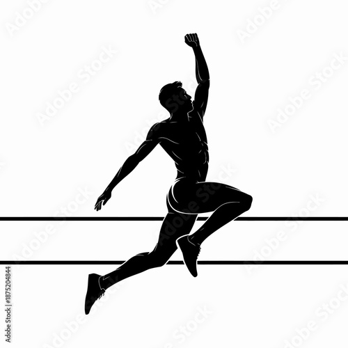 An illustration of a muscular athlete mid-leap over a finish line, capturing the essence of triumph and determination in sports and competition.