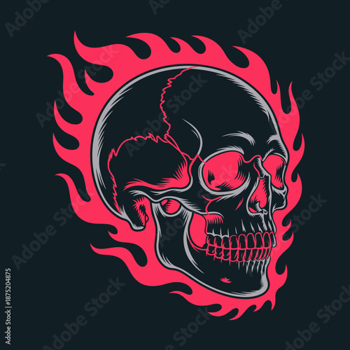 This artistic illustration depicts a skull surrounded by vibrant flames, symbolizing intensity, rebellion, and the duality of life and death in a creativity-infused design.