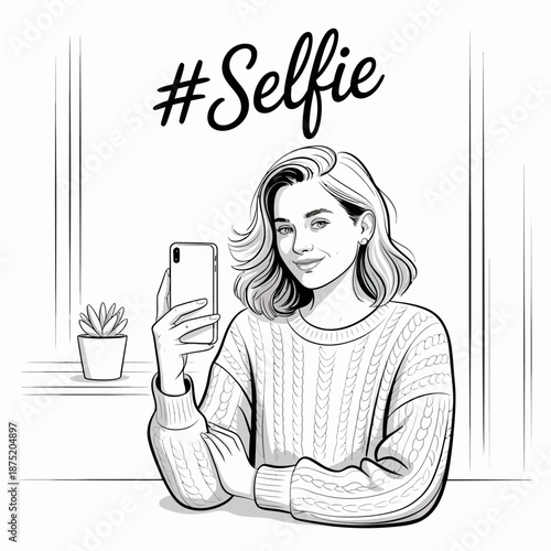 A minimalist portrayal of a young woman taking a selfie, embodying modern social media culture and individuality, suitable for themes of self-expression and personal branding.
