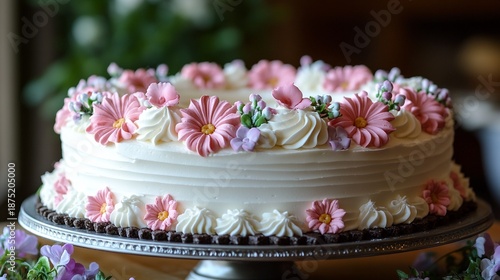 Beautiful white cake with pink and white flowers on a silver stand