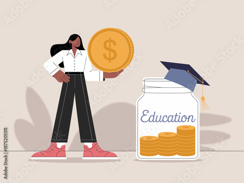 A modern illustration featuring a woman holding a coin beside a jar labeled 'Education' filled with coins, symbolizing the importance of investing in knowledge and future.