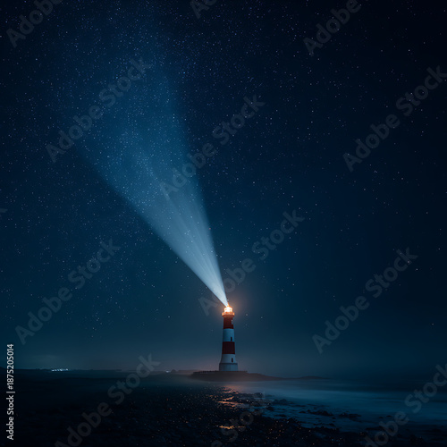 Night Seascape With Lighthouse Beam and Stars