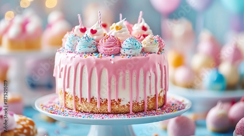Delicious pink frosted cake with colorful sprinkles on a plate