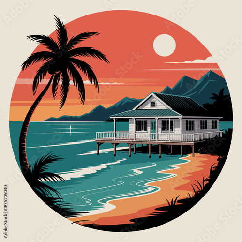 A charming tropical house stands on stilts beside a beach, framed by palm trees and mountains during a vibrant sunset, conveying relaxation, vacation vibes, and leisure.