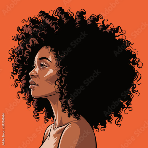 A stunning profile of a woman showcasing her voluminous, natural curly hair against a bold orange background, highlighting beauty, individuality, and the celebration of diversity.