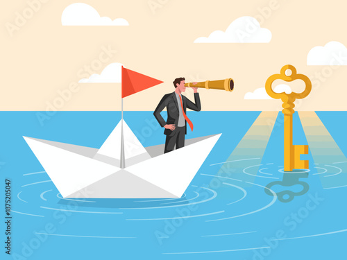 This imaginative image depicts a businessman on a paper boat searching for a key, symbolizing adventure, exploration, discovery, and the pursuit of opportunities on life's journey.