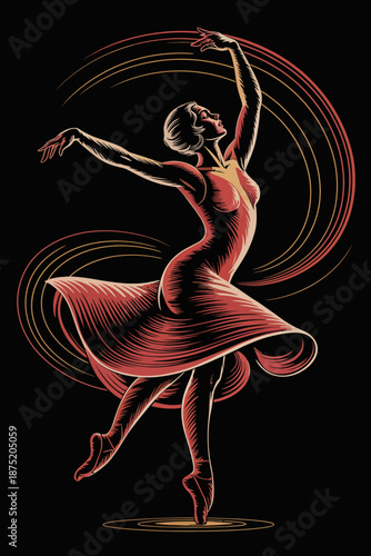 This striking image showcases a graceful dancer in motion against a black background, celebrating the beauty of dance, expression, elegance, and the artistry of movement.