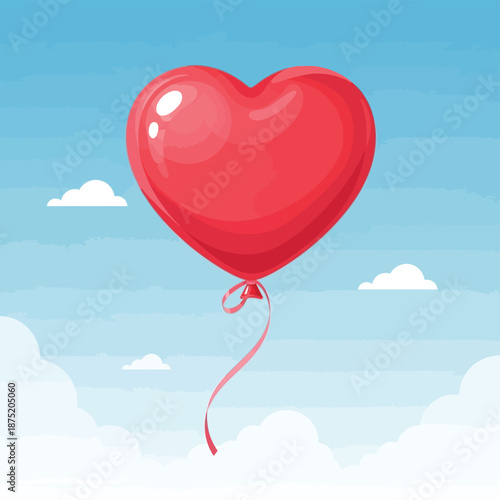 Glossy red heart-shaped helium balloon floating serenely amidst a bright blue sky with gentle
