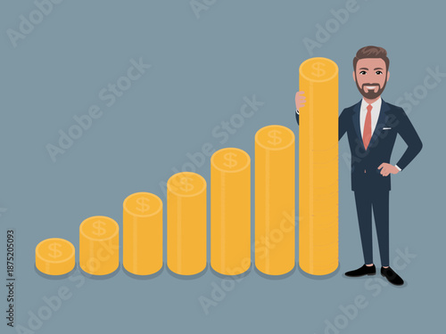 A professional illustration showcasing financial growth, featuring stacks of coins and a smiling business person, symbolizing success and prosperous investment strategies.