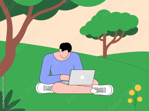 A minimalist illustration showing a person sitting on the grass with a laptop, representing the blend of technology and nature in a serene and focused environment.