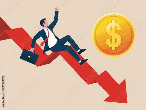 A powerful illustration depicting a man sliding down a downward arrow alongside a dollar sign, symbolizing financial struggles and the challenges faced in the modern business world.