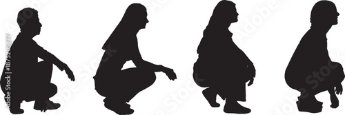 vector, Silhouette of side view of a group of women squatting