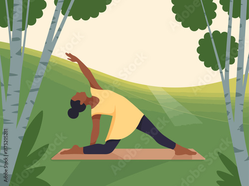 A woman performs a yoga pose in a peaceful outdoor setting, surrounded by lush greenery and trees, symbolizing health, balance, and connection with nature.