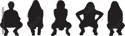 vector, Silhouette of front view of a group of women squatting