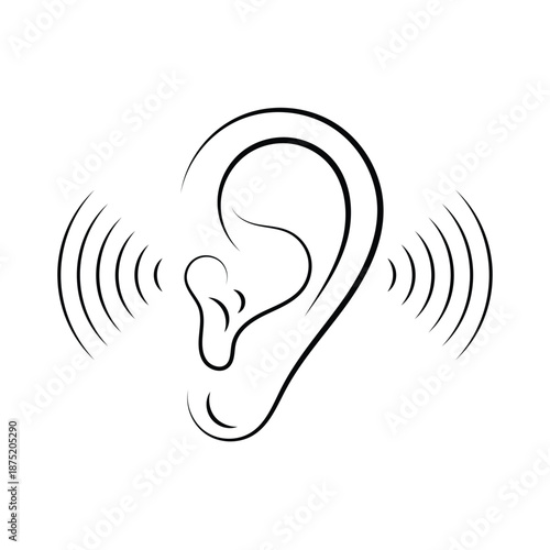 Ear symbol, sound waves, listening icon minimal line art design
