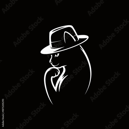 A stylish illustration of a cat wearing a fedora, pondering thoughtfully, presenting a humorous yet artistic twist on traditional animal representations and aesthetics.