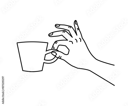 Hand holding a coffee cup, line art illustration.