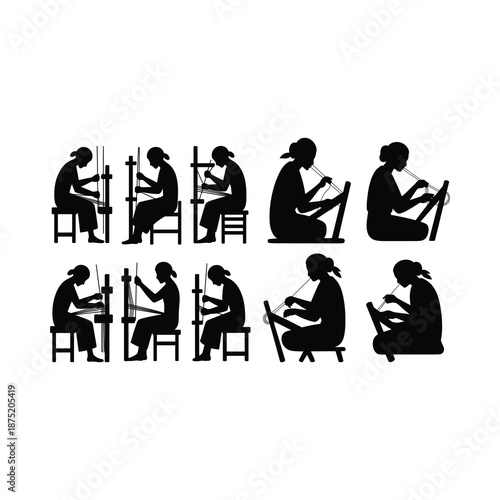 Set of people sitting and playing stringed instruments.