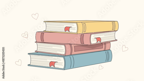 A charming stack of pastel colored books with bookmarks surrounded by delicate hearts for a cozy