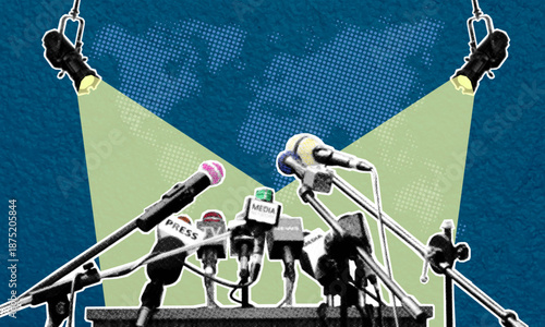 The interior of a press center with microphones and spotlights against the backdrop of a world map. Conference room. Briefings, interviews, presentations, news reporting. Award ceremonies, internation