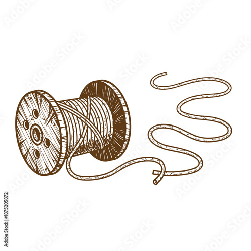 Drawing Vintage Brown thread on a spool with loose thread  sewing and crafting supplies