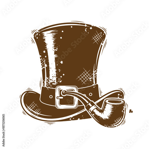 Drawing Vintage Brown top hat with belt and smoking pipe isolated on white background