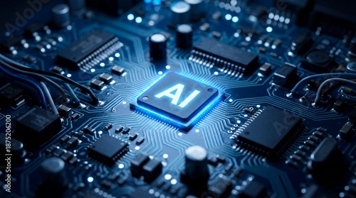 Obraz na płótnie Artificial intelligence chip glowing brightly on complex electronic circuit board