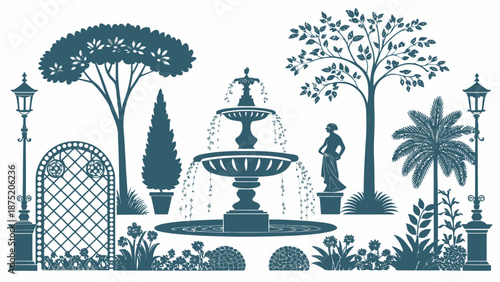 Serene garden oasis with fountain and statue in elegant outdoor setting