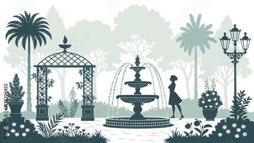 Serene garden scene with fountain and lush greenery