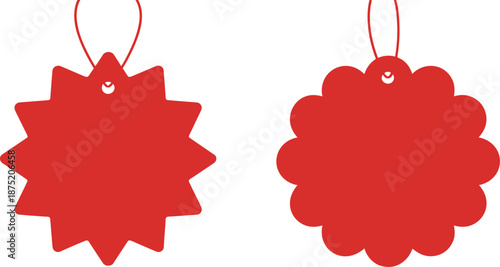 Red starburst and scalloped edge tags with holes for hanging or display