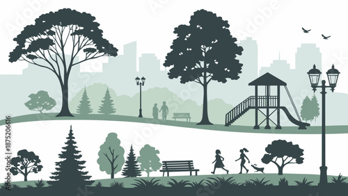 Serene urban park scene with playground and city skyline