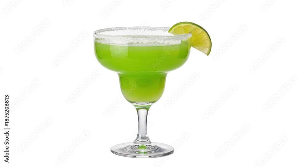 Fototapeta premium Green margarita cocktail in glass with lime wedge isolated PNG, refreshing alcoholic drink on transparent background for summer party and bar menu