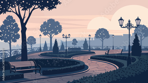 Serene park scene at sunset with benches and street lamps