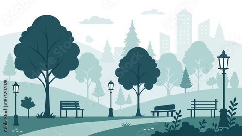 Serene city park with benches and trees in calming green hues