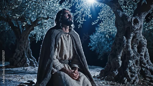 Jesus Christ praying in anguish in the Garden of Gethsemane at night. A biblical reenactment of faith and suffering. Holy Week and Easter story