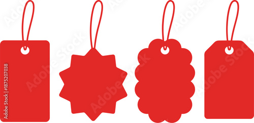 Collection of various red blank price tags, labels, and sale badges with strings, ready for your custom text