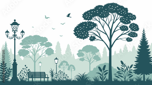 Serene park scene with trees, benches, and street lamps in soothing green hues