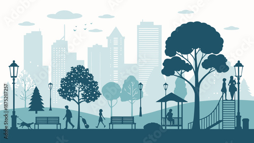 Urban park scene with people walking and city skyline