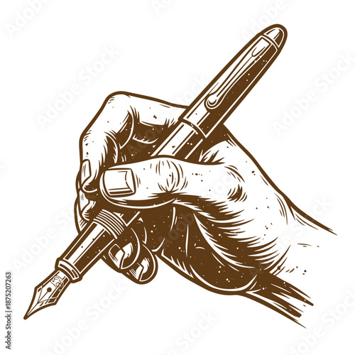 Drawing Vintage Hand holding a fountain pen in a writing position closeup isolated on white background